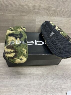 bebe Green Camouflage Faux Fur Slip-Ons with Crystal Logo Accent #276